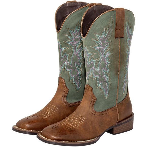 Western Cowgirl Boots with Square Toe & Two-Tone Stitch Vintage Block Heel - Picture 1 of 8